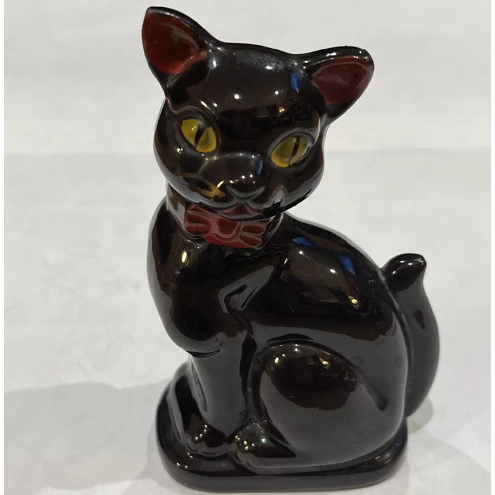 Vintage Redware Pottery 4.75” Painted Black Cat With Red Ears, Bow